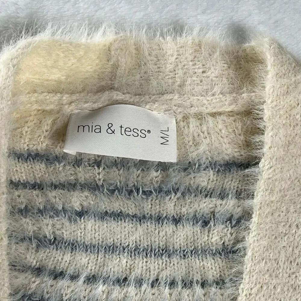 Mia & Tess Cream Blue Striped Fuzzy Open Front‎ Long Cardigan Sweater M/L